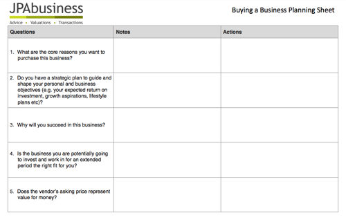 Buying a Business Planning Sheet image