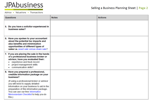 Selling a business planning sheet image