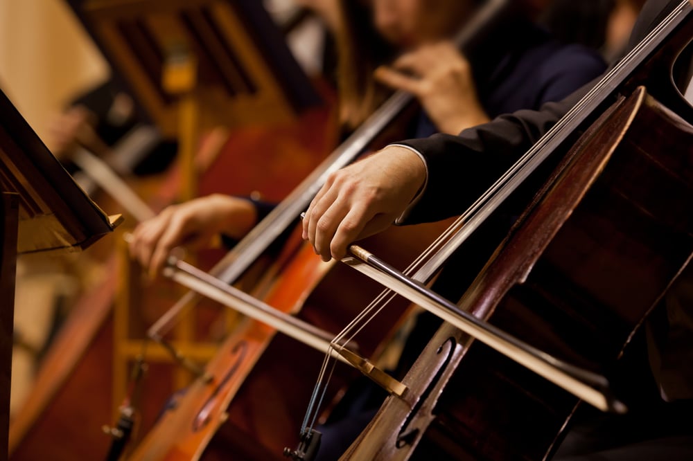 Close-up of two cello players' hands playing their instruments